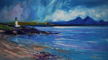 Summer rain passing Loch Indaal Lighthouse Islay 18x32